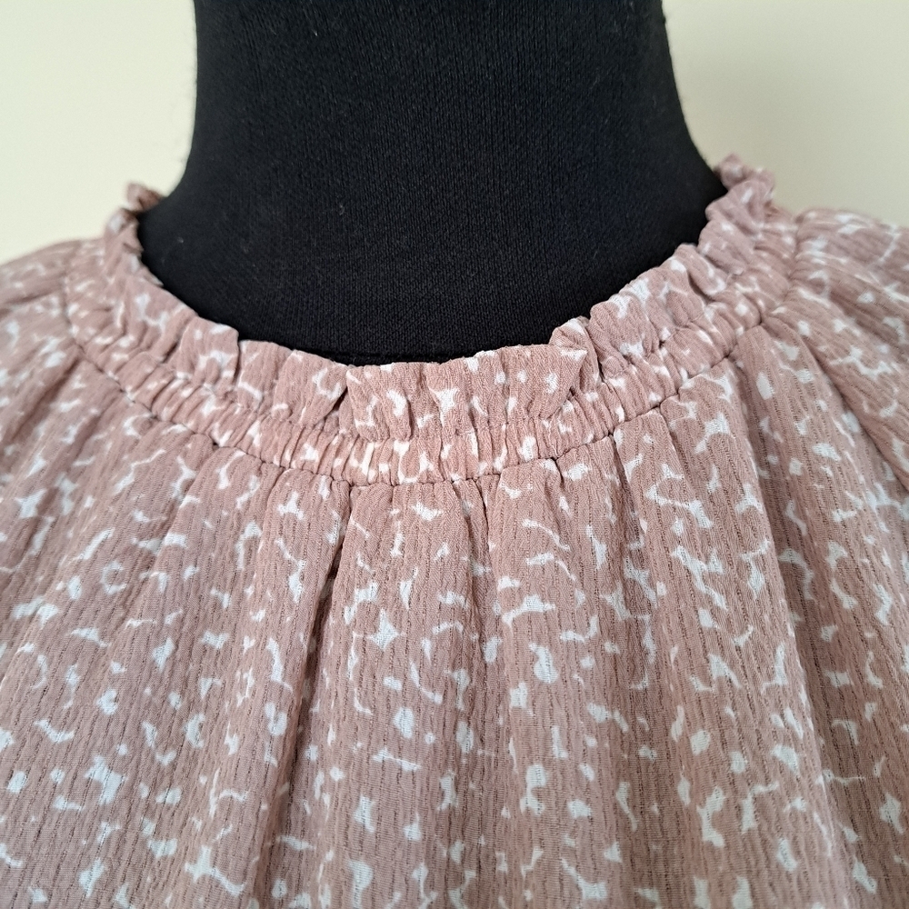 Reitmans Short Sleeve Blouse XL Dusty Pink and White Print Gathered Crew Neck - Picture 10 of 15